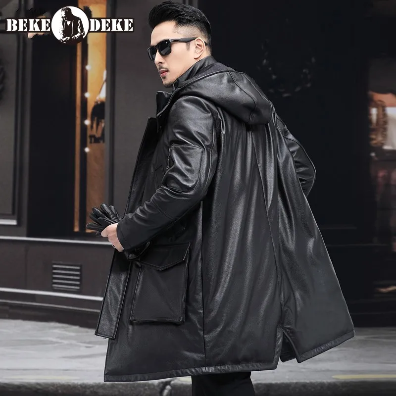 Winter New Down Jacket Mens Long Coat Cowhide Removable Cap Genuine Leather Loose Zippers Male Outerwear