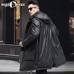 Winter New Down Jacket Mens Long Coat Cowhide Removable Cap Genuine Leather Loose Zippers Male Outerwear