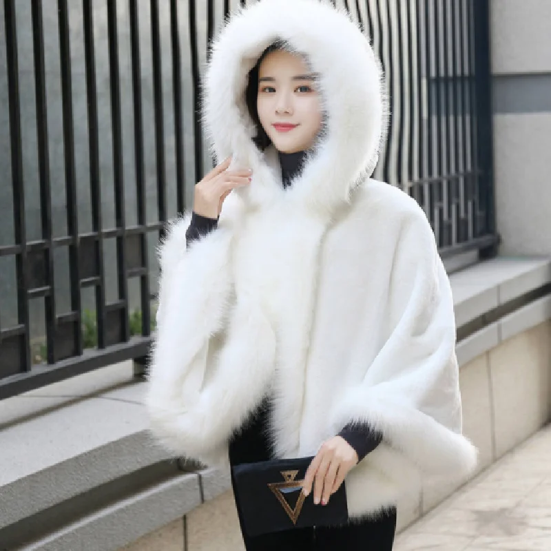 2022 new design Fur Cape White Cloak Faux Fox Imitation Mink Coat Outerwear Thickening Shawl 5.