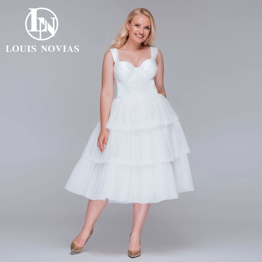 LOUIS NOVIAS Midi Wedding Dress 2022 Satin Wide Straps Bridal Gown Polka Dot Ruffles Tulle Plus Size Bride Vestidos De Novia