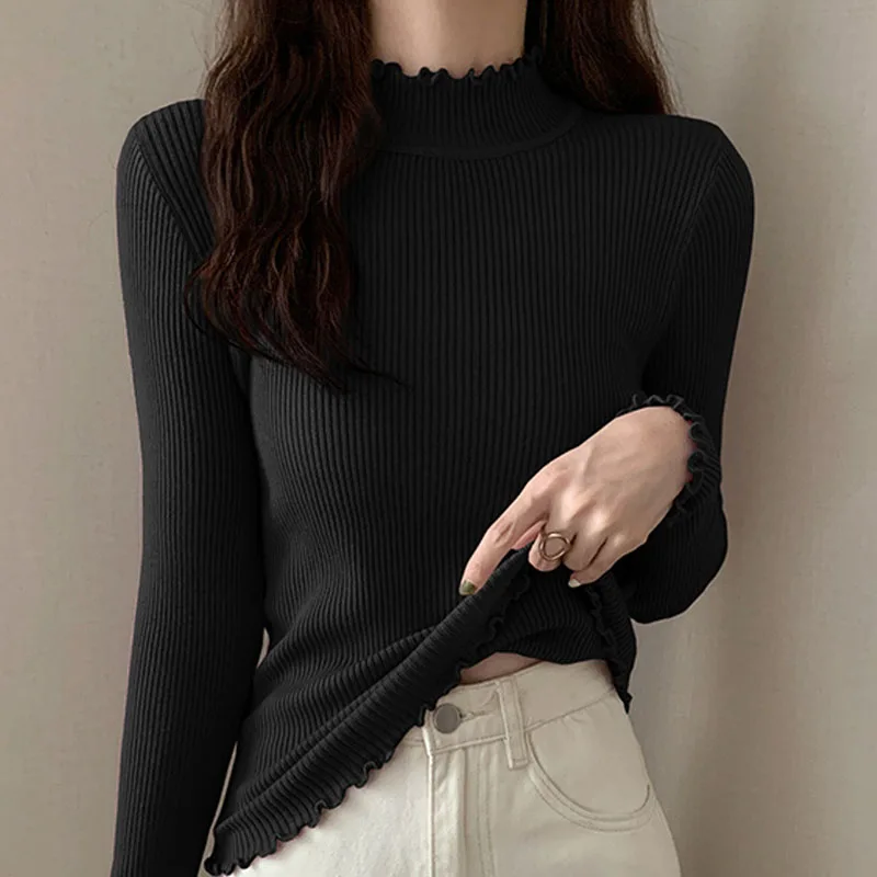 

2021 Autumn and Winter Sweater Women Elegant Sweater High Collar Basic Bottoming Shirt Dropshipping Solid Black White Gray 1408