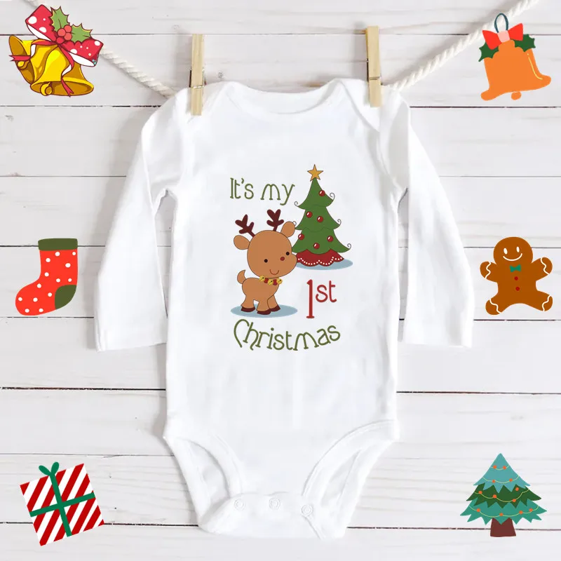 My First Christmas Long Sleeve Bodysuit For Baby Boys Girls Clothes Cute Reindeer Print Christmas Clothes For Baby Girl