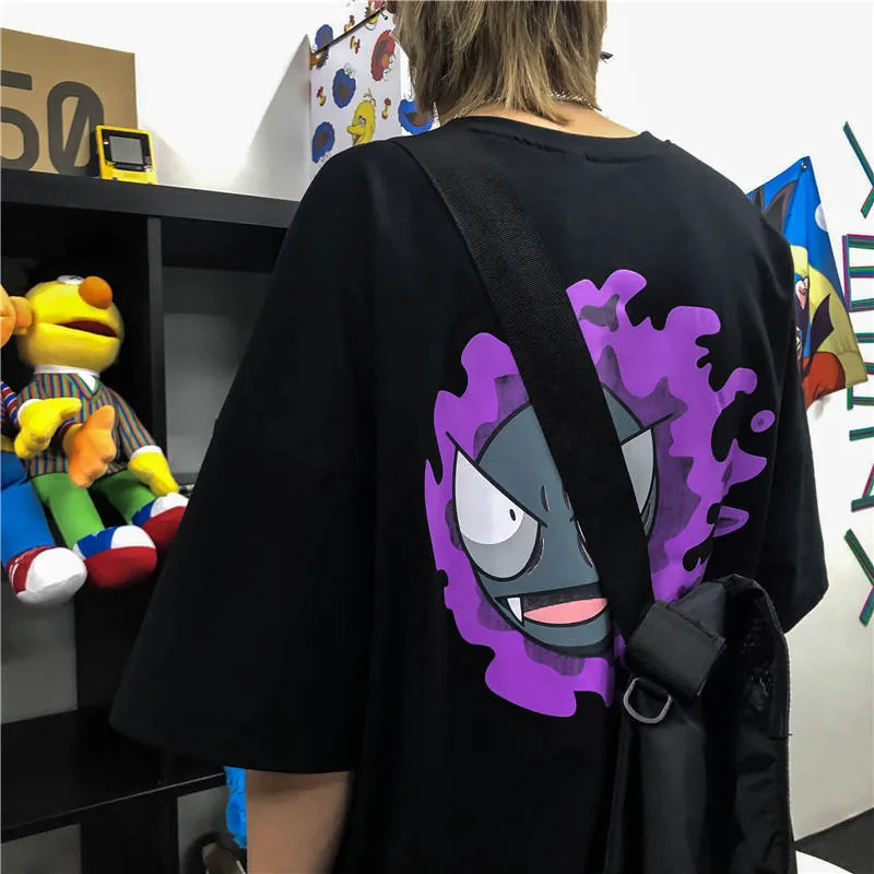 Harajuku High Street Tshirt Streetwear Men Summer Cute Amine T-shirt Casual Cartoon male tops Funny Black White Loose T Shirt