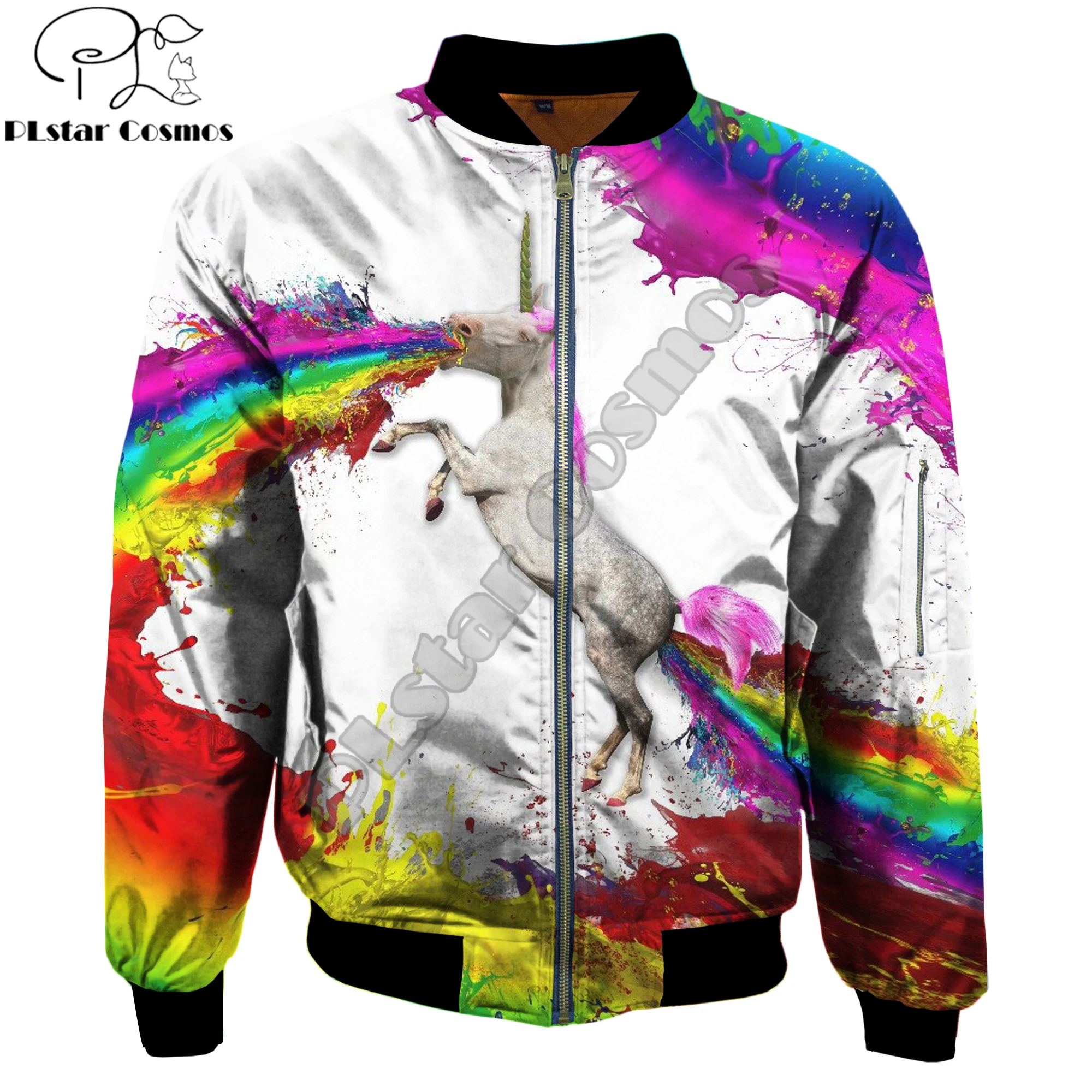 

2019 Fashion Men's bomber jackets Rainbow unicorn horse Funny Printed 3d Zip Long Sleeve Pullover Unisex Casual Zipper jacket