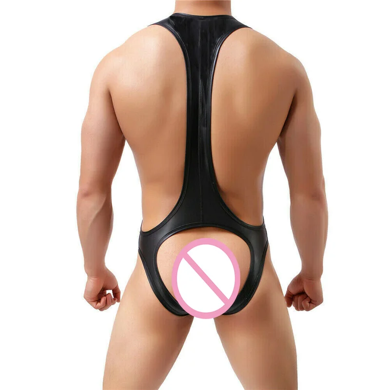 Sexy Men Undershirts Leotard Faux Leather Black Bodysuits Jockstrap Erotic Open Butt Wetlook Latex Jumpsuit Thongs Gay Underwear