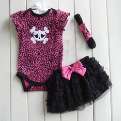 Ensemble de vêtements d'été pour bébés filles, 3 pièces, body + jupe Tutu + bandeau, imprimé tête de mort, imprimé léopard