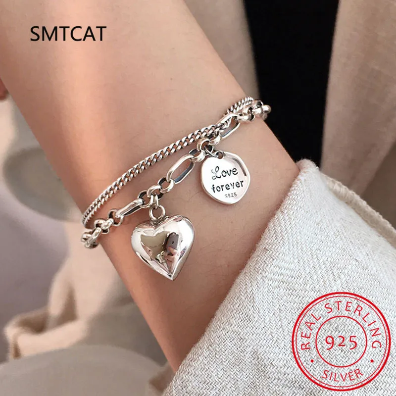 Elegant 925 Sterling Silver Love Letter Heart Double Layer Bracelet Female Unique Design Thai Silver Retro Light Luxury Jewelry