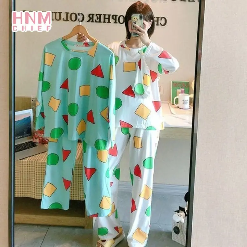 Women Korean Cute Casual Long Sleeve Autumn Student Cartoon Print Pijama Sinchan Hombre Home Comfort Cotton Pajama Sets Sinchan