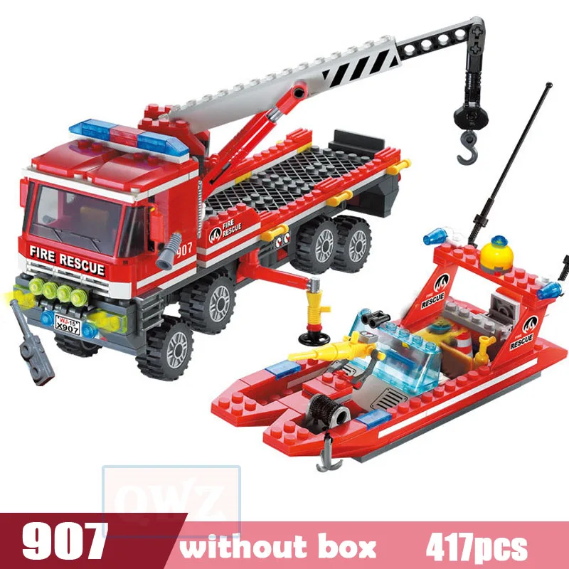 City Fire Station Building Blocks Truck Helicopter Boat Car Firefighter Bricks Assembled DIY Educational Toys For Children Gifts