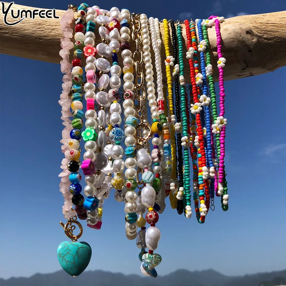 Yumfeel New Bohemian Glass Bead Necklace Handmade Pearl Women Short Necklace Charm Jewelry Choker Gifts