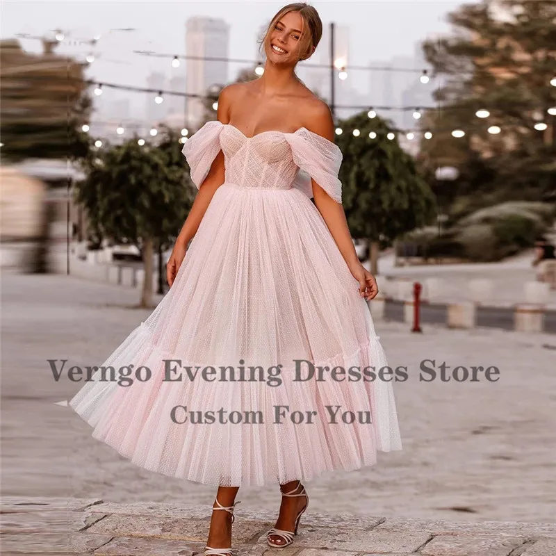 Verngo Off the Shoulder Pink Dot Tulle Prom Dress, querida mangas curtas, vestidos de noite, chá de comprimento, vestidos de festa, 2021