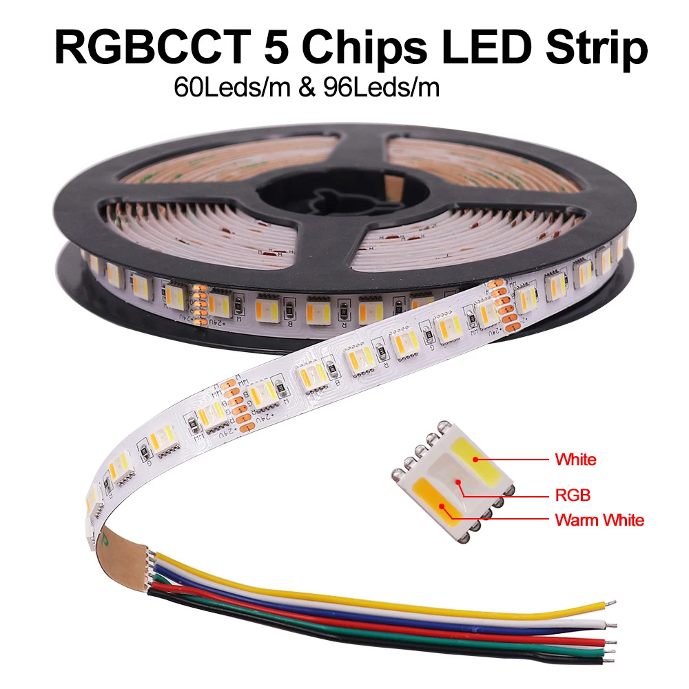 50m LED RGB Dimmable Strip RGBCCT RGBWW 5 IN 1 Full Color Temperature Dimming Smart Tape RGB+White+Warm White 60 96 LEDS 12v 24v