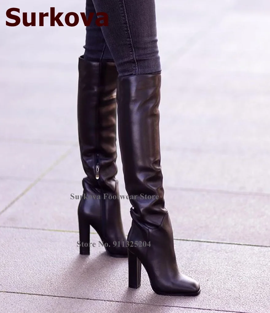 

Surkova Black Matte Leather Chunky Heel Over-the-knee Boots Concise Celebrity Gladiator Thigh Boots Zipper Dress Shoes Size46