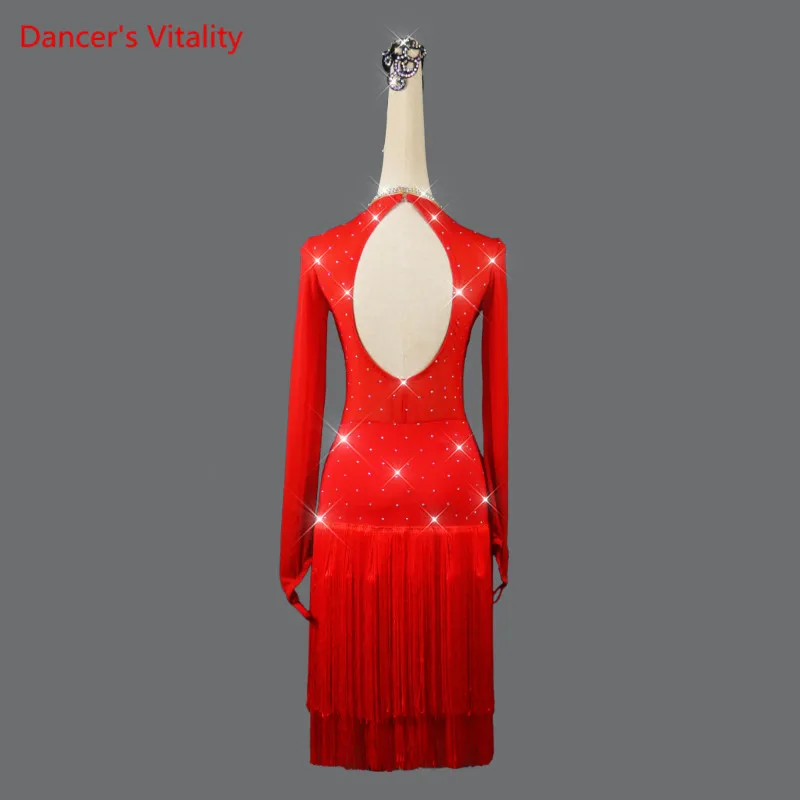 Vestido de dança latina para adultos e crianças com decote em v, saia diamantada com borla, roupas de performance, mangas compridas, roupas de competição