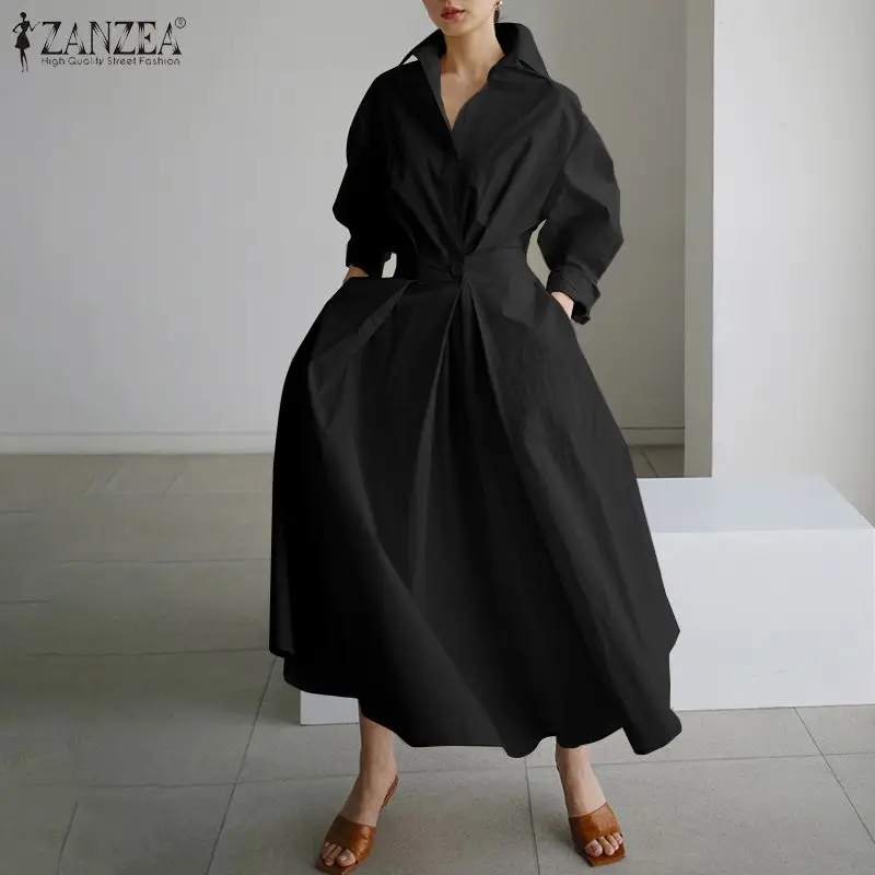 

ZANZEA Fashion Lapel Neck Long Sleeve Sundress Elegant Women Autumn Long Shirt Dress Oversized Solid OL Vestidos Robe Femme