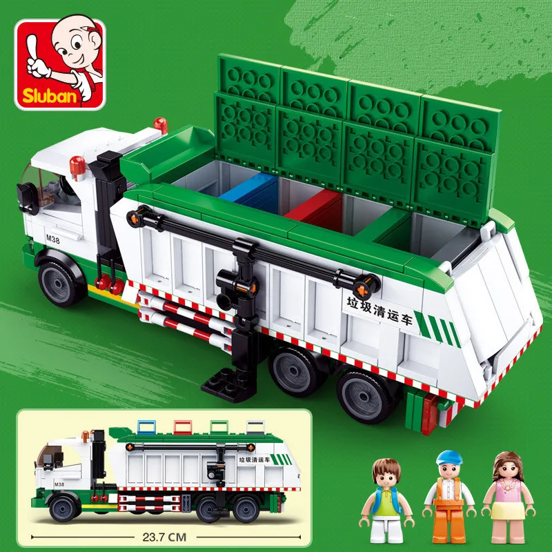 Sluban 432PCS Urban Sim City Garbage Truck Classification Sanitation Assembled Figures Building Blocks Constructor Toys for Kids