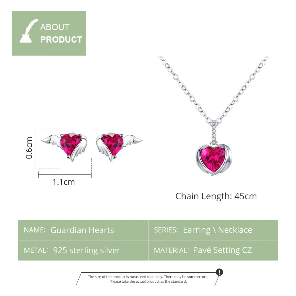 bamoer 4 PCs Guardian Wings Heart Pendant Necklace Stud Earrings Jewelry Sets for Women 925 Sterling Silver Jewelry ZHS146