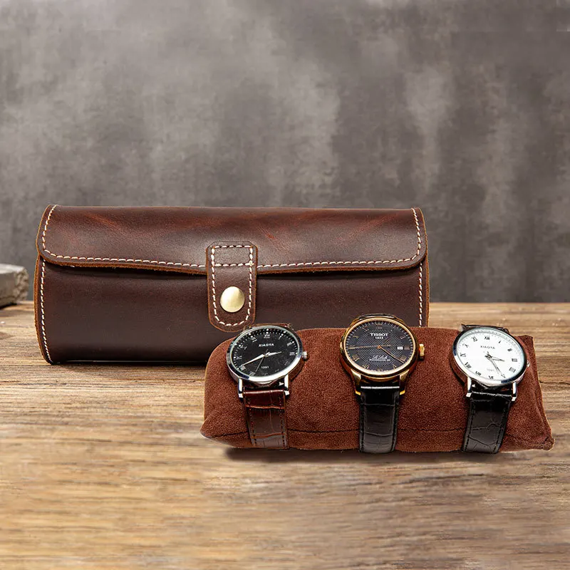 Brown Vintage Cow Leather Watch Box 2 Slot with Round Buckle Outdoor Portable Travel Storage Watch and 3 Slot Watch Gift Box