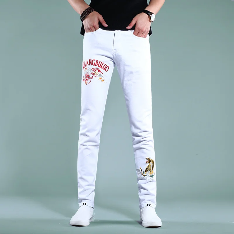 

Autumn Summer Patch Jeans Mens Elastic Dragon Tiger Designer Pure white Jeans Fashion Casual Long Pants Embroidery Trousers