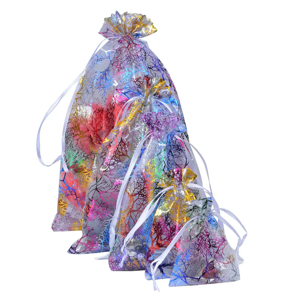 50pcs/Lot Drawable Colorful Tree Organza Packaging Bags 7x9cm 9x12cm 10x15cm 13x18cm Wedding Christmas Gift Jewelry Pouches