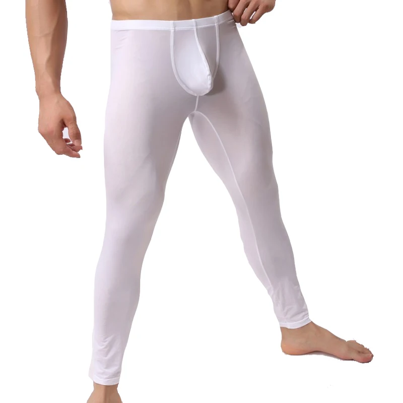 Men\'s Sexy Long Johns Ice Silk Ultra-thin Transparent Penis Pouch Leggings Underwear Men Home Sheer Lounge Pants Gay Sleepwear