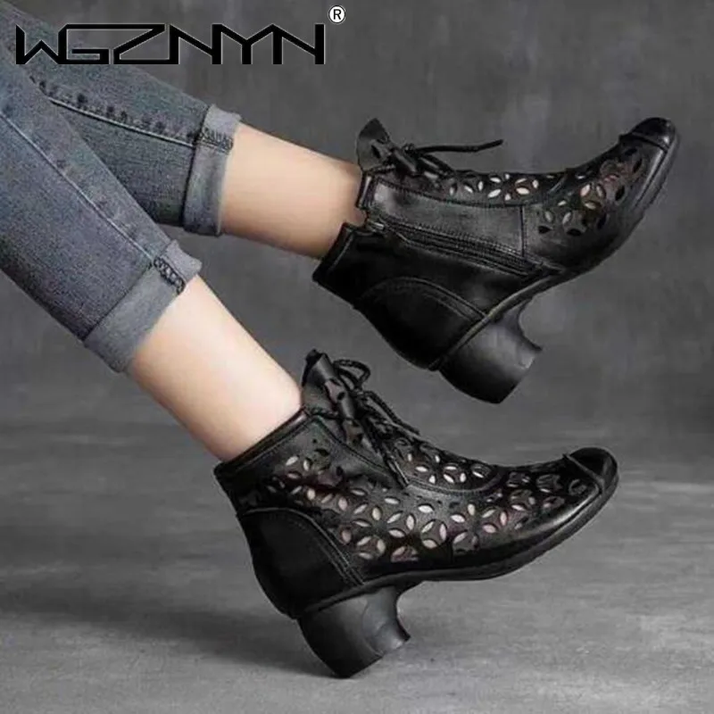 NEW Retro Style Soft Leather Women Boots 2023 Summer Mid Heels Sandals Shoes Side Zip Female Footware Black Brown Dropshipping