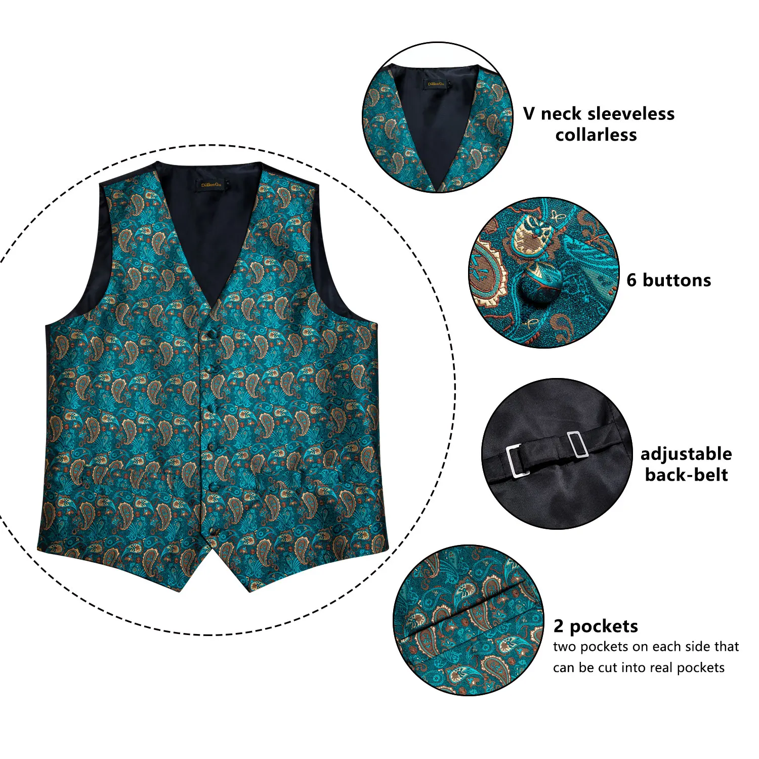 Nieuwe Teal Green Paisley 100% Zijde Formele Jurk Vest Mannen Pak Vest Tie Broche Pocket Vierkante Set Voor smoking Dibangu