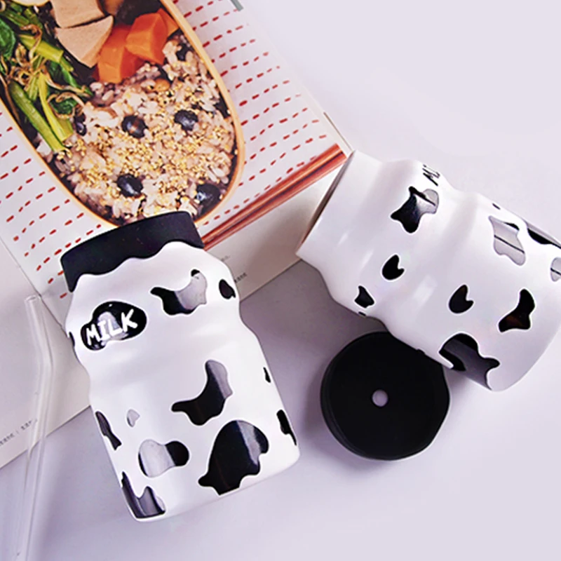 Cow Spot Straw Cup Small and Lovely Children\'s Ceramic Water Bottle with Cover and Straw Korean Simple Cartoon Milk Coffee Cup