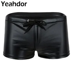 Mens Boxer Shorts Male Drawstring Shorts Patent Leather Lingerie Homme Casual Shorts Summer Elastic Waistband Lounge Short Male