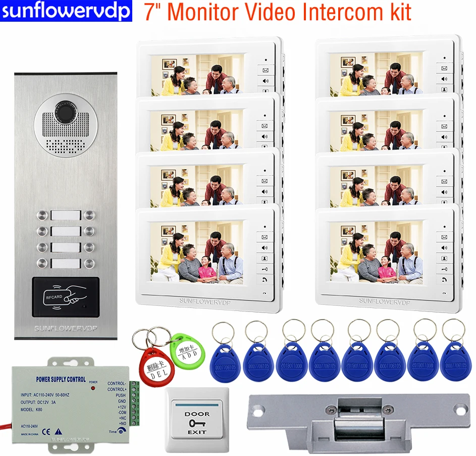 

Video Doorphone Monitor Access Control 7inch Color 4-8 Monitors Video Door Phone Home Intercom +Electric Strike Lock System Unit