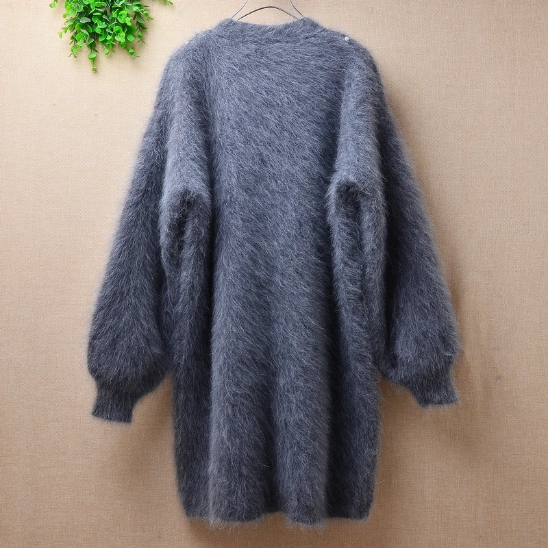 heavy thick ladies women medium long mink cashmere knitted long lantern sleeves loose cardigans mantle angora rabbit hair coat