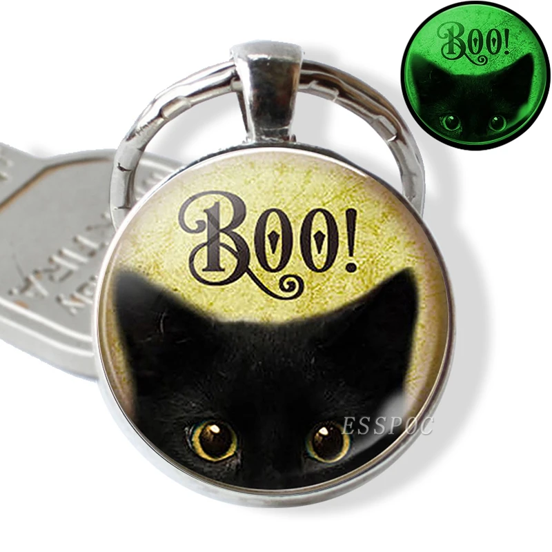 Halloween Luminous Cat Keychain Keyring Glowing In The Dark Cat with Pumpkin Art Picture Glass Key Chain Keyholder Gifts