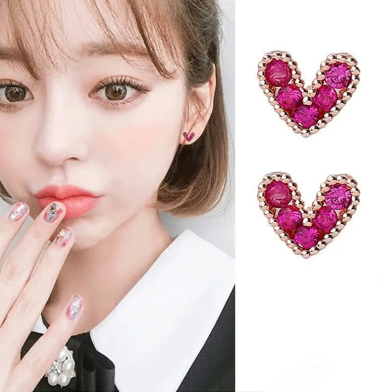 Fashion Hot Sale Sweet Peach Heart Pink Inlaid Zircon Shiny Mini Stud Earrings Faded Wild Valentine Gift Wedding Ear Jewelry