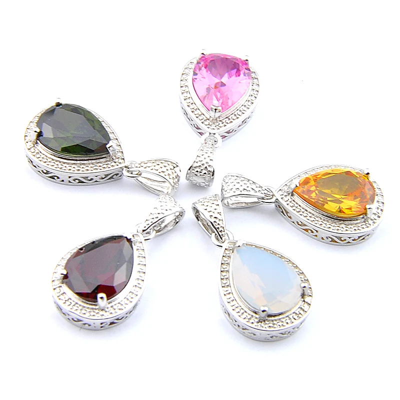 

Big Offer MIX 5 PCS Holiday Gifts Classic Teardrop Fire Moonstone Pink Topaz Garnet Citrine Peridot Silver Necklaces Pendants