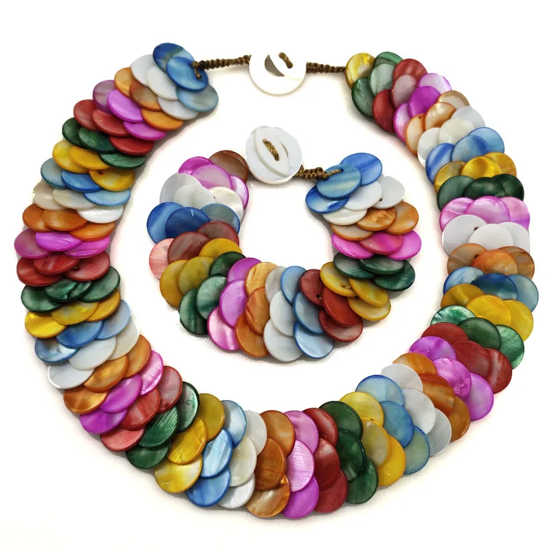 18 inches 15mm Multicolor Disc Fish Scale Style Natural Mother of Pearl Necklace and 7.5 inches Bracelet Jewelry Set