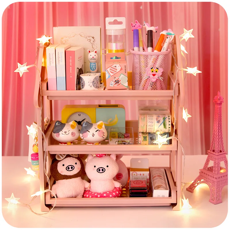 girl heart desktop shelf bookshelf cosmetic storage rack desk sorting debris storage rack kawaii supplies stationery organizer