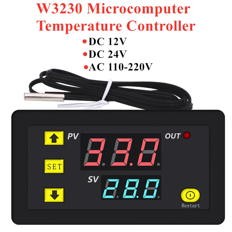 W3230 12V 24V AC110-220V Digital Temperature Control LED Display Waterproof Thermostat With Heat/Cooling Control Instrument