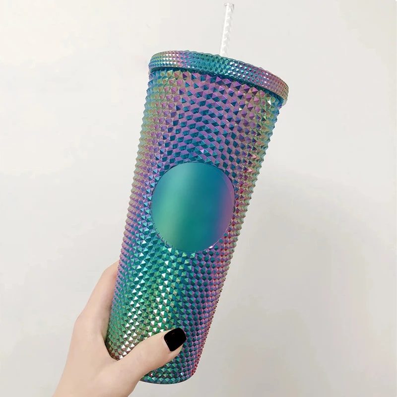 Double-Layer Durian Cup Diamond Radiant Goddess Straw Cup Coffee Cup Summer Cold Cup Tumbler 710ml/24oz NEW Durian Cup Mug 710ml