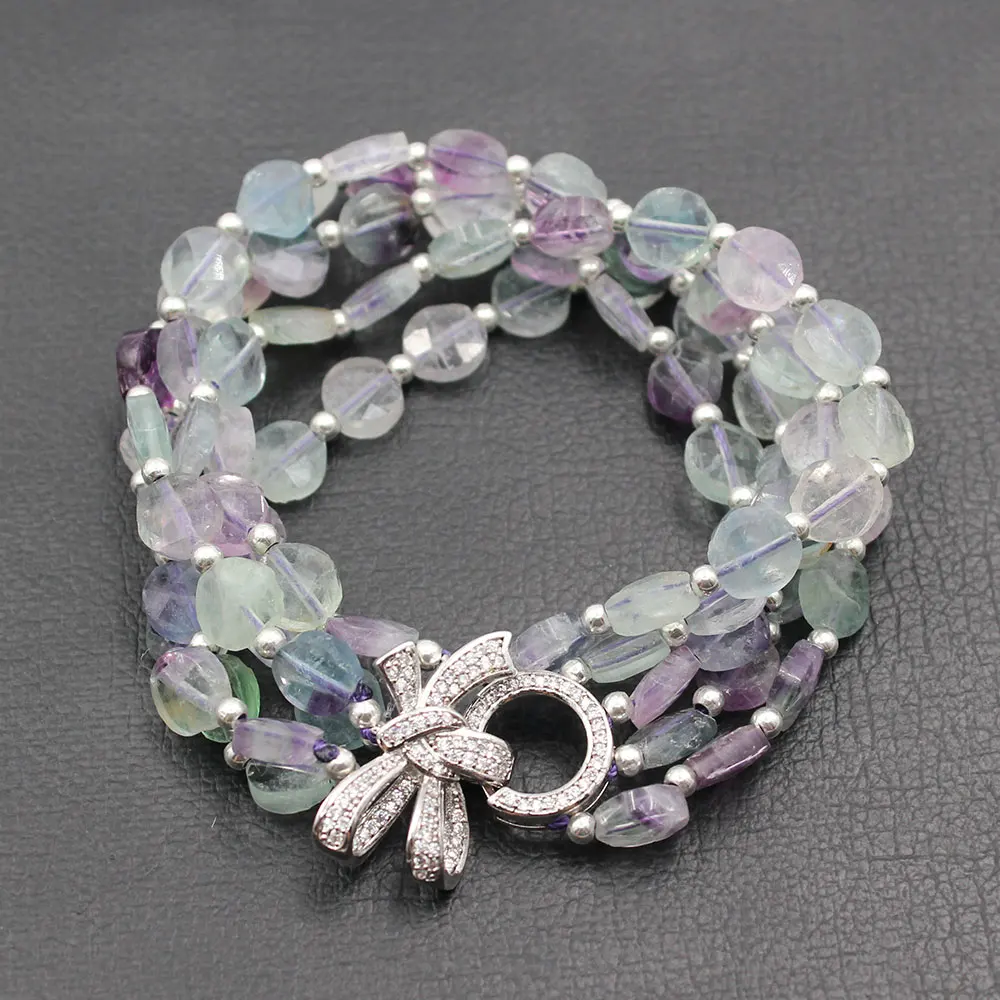 GuaiGuai Jewelry 5 Rows Natural Mix Color Fluorites Faceted Coin Beads Bracelet CZ Flower Clasp Handmade For Women