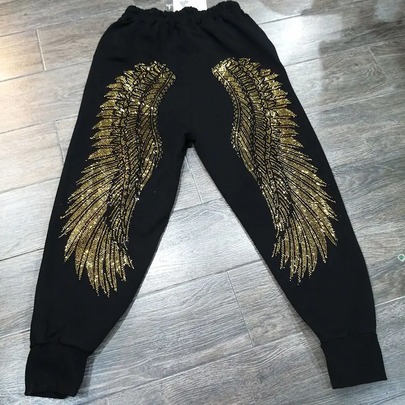 Autumn Winter Women\'s High Elastic Skinny Stretchy Trousers Women Hip Pants Golden Silver Rhinestone Wings Harajuku Harem Pants