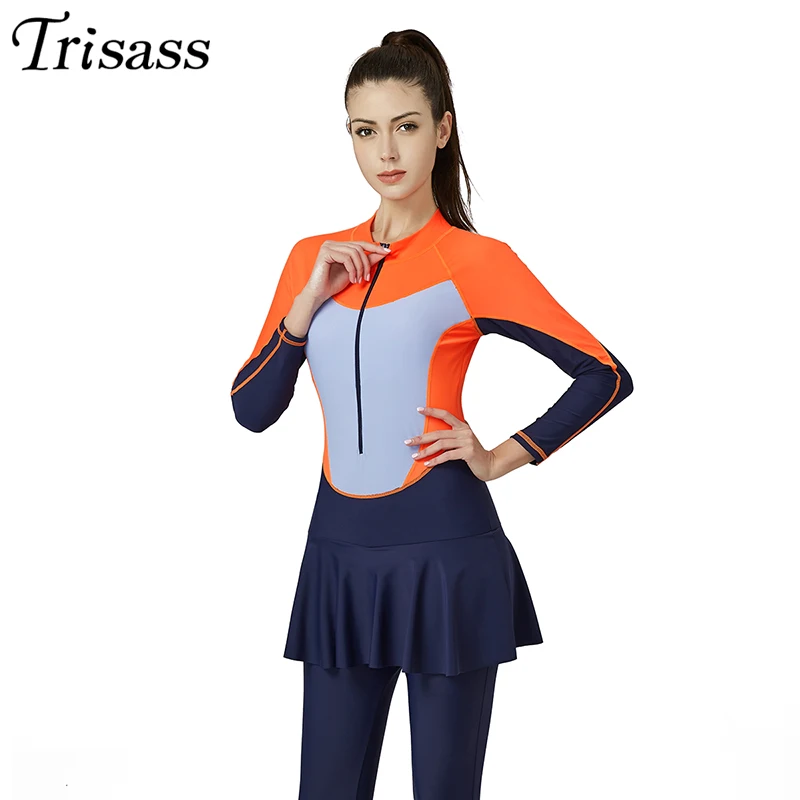 Trisass 2020 New Women One Piece Skirt Swimsuit L-3XL Sport Swimwear Long Sleeve Bodysuit Long Pants Surf suit With Zipper