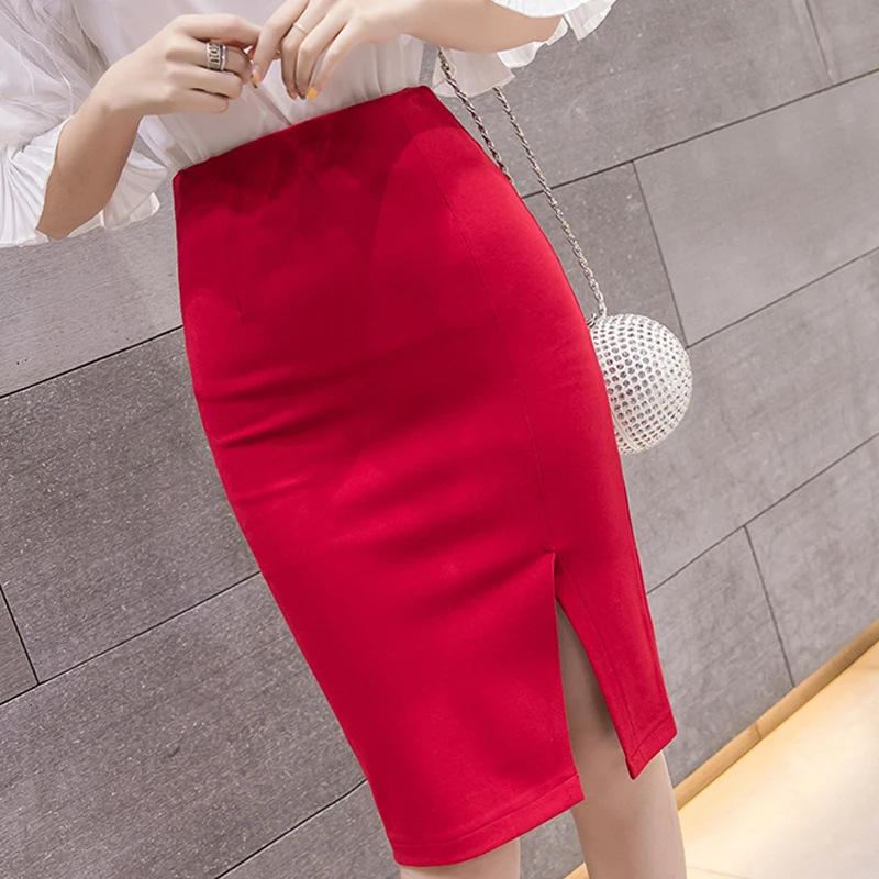 Summer Women Pencil Skirt Slim Hight Waist Skirt Red Black Office Lady Skirt Women Faldas Mujer Moda 2024 Spódnice damskie E944