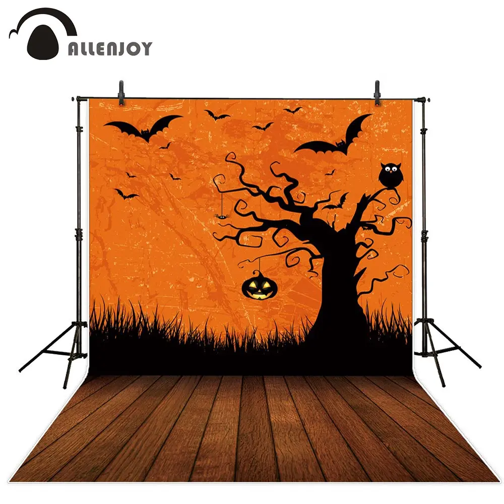 Allenjoy Halloween background orange Silhouettes tree bat Pumpkins wood floor children photography background for photo studio