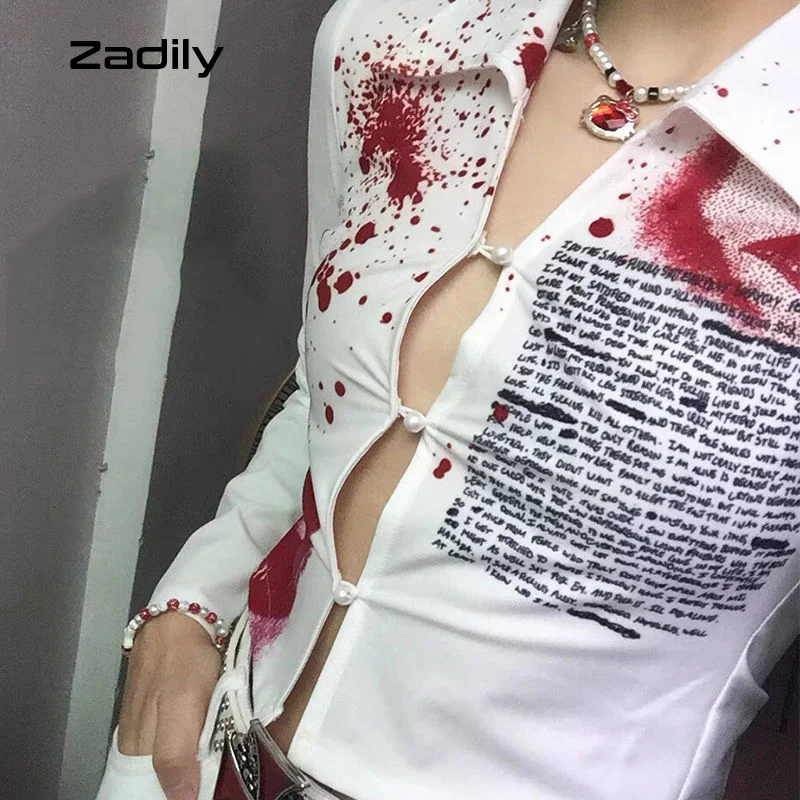 Women\'s Slim Long Sleeve Crop Top Button Up Gothic Shirt Sexy Button Up Blood Printed Halloween Party Clothing Summer 2024