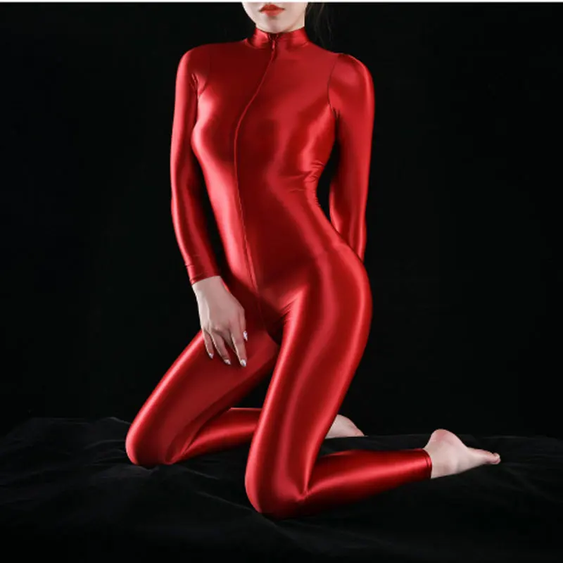 Double Zipper Long Sleeve Bodysuit Wetlook Bodycon Jumpsuit Shiny Swimsuit Fitness Body Sculpting Catsuit Tights Bodystocking