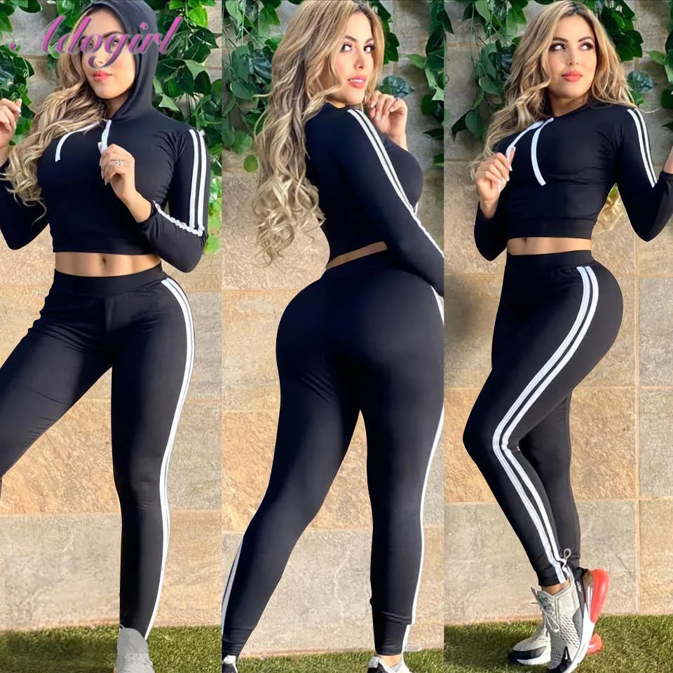 Women Tracksuit Autumn Two Piece Set Casual Stripe Long Sleeve Crop Tops Hoodies Joggers Sweatpants Suit Outfit Sporty Fitness