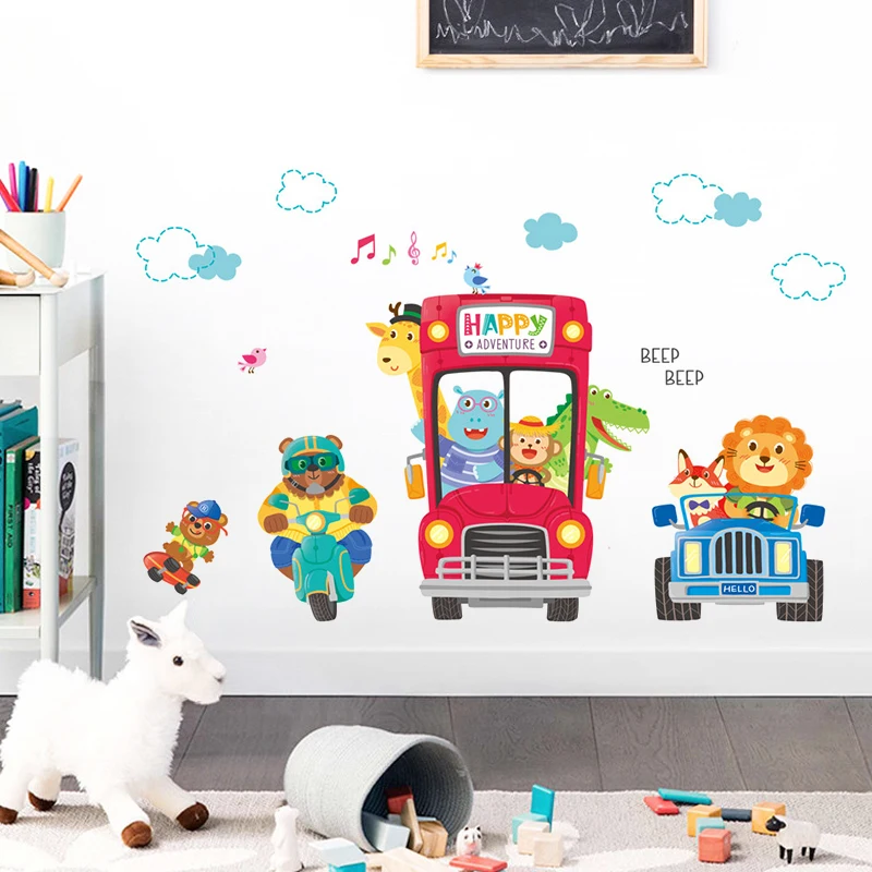 Cartoon Cute Bus Animals Wall Stickers For Kids Rooms Boy Child Bedroom Wall Decoration Self Adhesive Vinyl Sticker Wallpapers