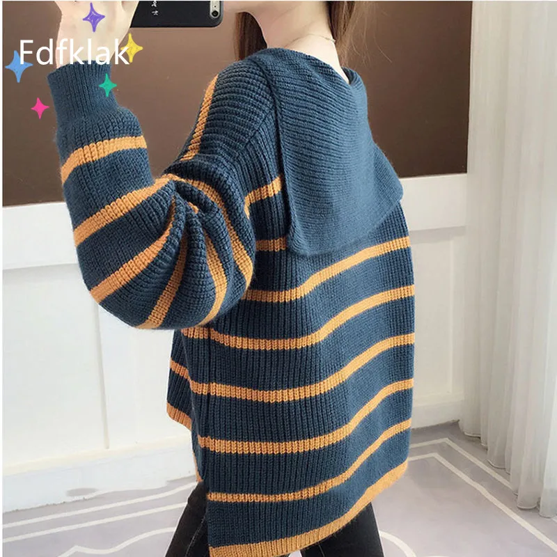 

Fdfklak Fall/Winter New Korean Fashion Pullover Sweater Women Loose Striped Navy Collar Lazy Wind Jumper Female Long Sleeved Top