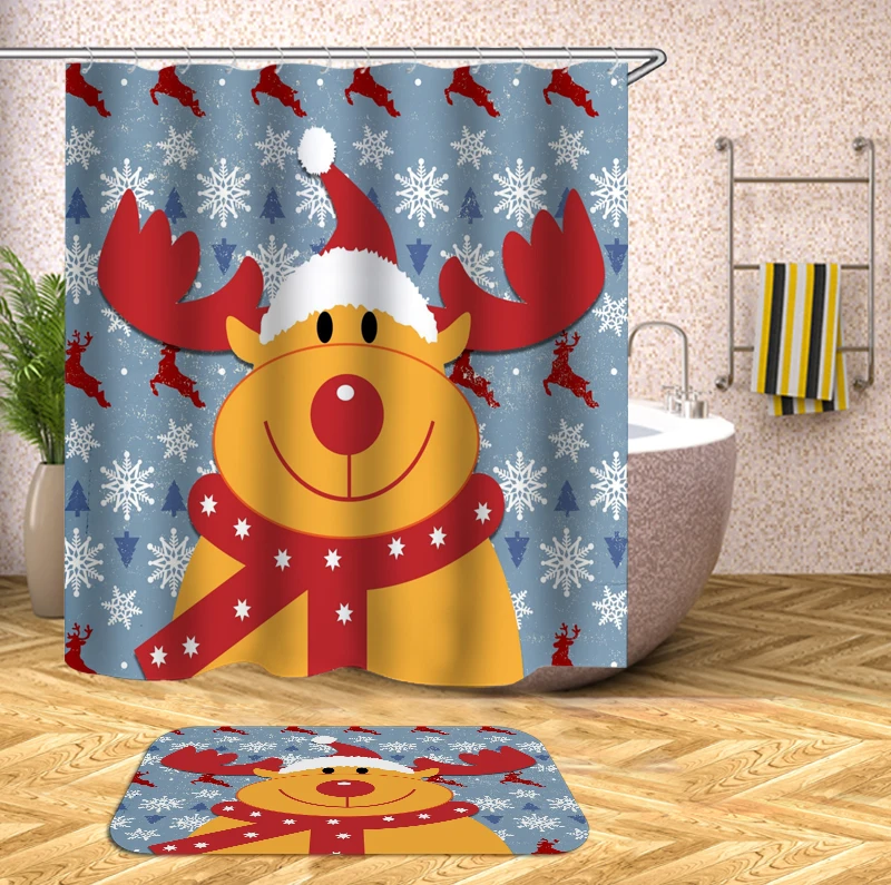 Merry Christmas Decor For Home Santa Claus Shower Curtain Sleepy Snowman Pattern Waterproof Bathroom Shower Bath Curtain