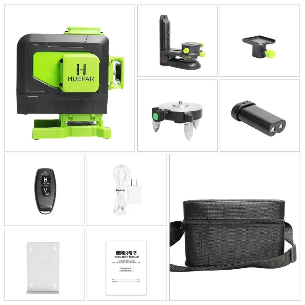 Huepar 12 Lines 3D Cross Line Laser Level Osram Green Beam With Remote Control & Li-ion battery For Tiles Floor Laser Tools Set